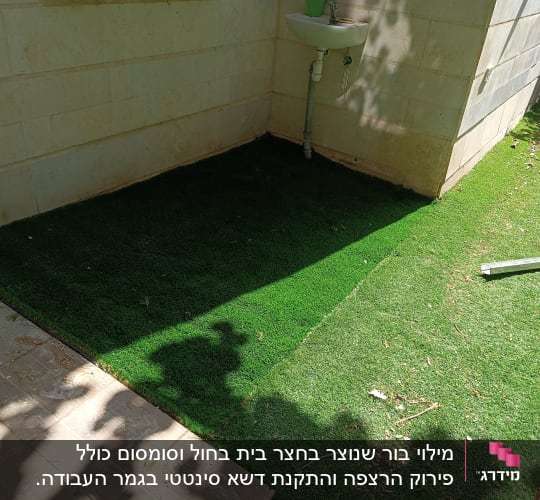 דשא סינתטי מותקן ליד קיר עם כיור חיצוני